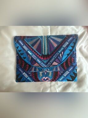 Embroidered Geometric Clutch in Teal, Purple & Pink